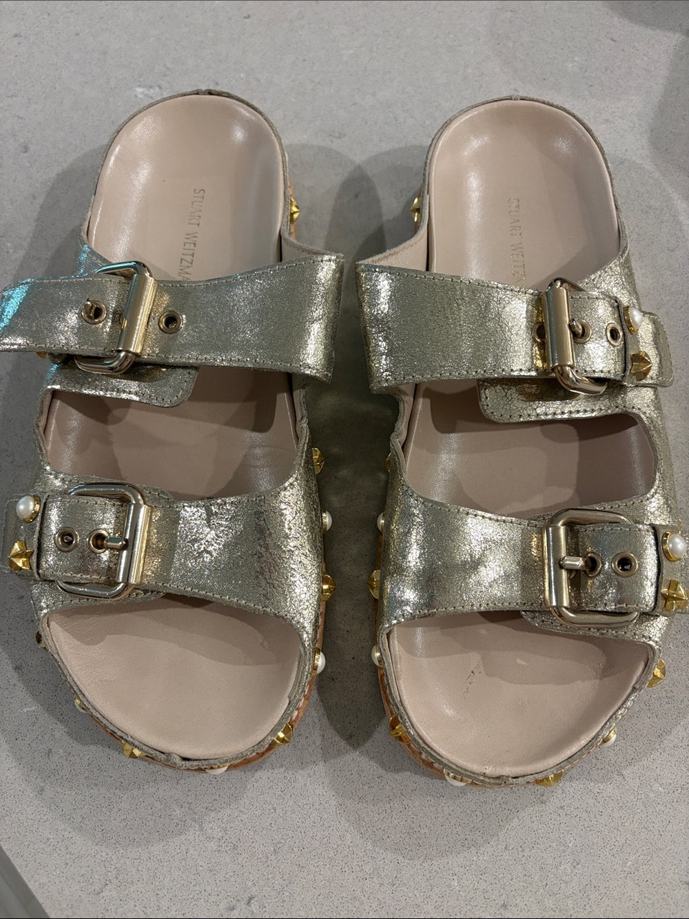 Stuart Weitzman leather gold and pearl studded slides 6